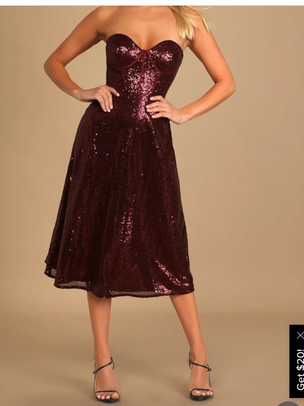 Lulus Boost Your Beauty Wine Red Sequin Strapless Bustier Midi Dress Size S NWT